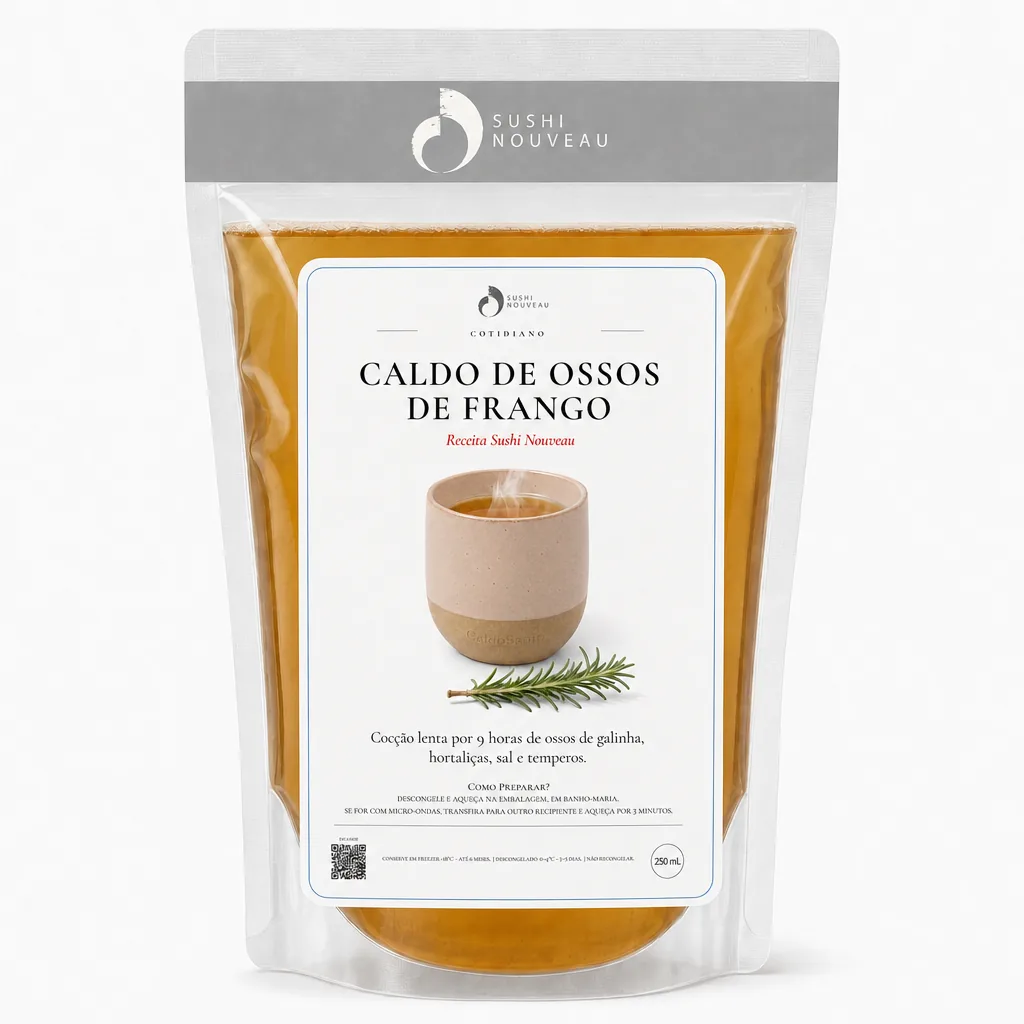 Pouch de Caldo de Ossos de Frango com rótulo da casa