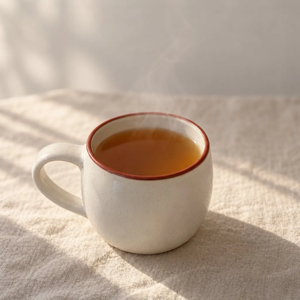 Caneca de cerâmica com borda vermelha e caldo de ossos quente sobre linho claro